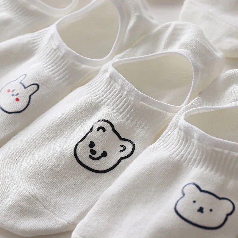 Set 5 Đôi Tất Lười Trắng Hoạ Tiết Hình Thú Dễ Thương, 5 Đôi Tất Cổ Ngắn Trơn Nhiều Màu Chất Cotton 3030