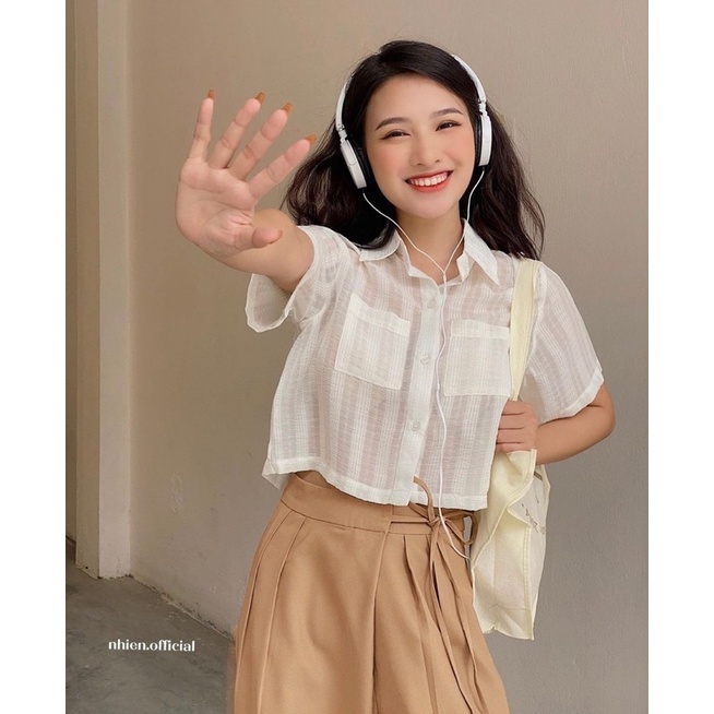 Set Áo Sơmi Đũi Mix Quần Suông Nâu Cá Tính Có Ảnh Thật, Set Bộ Nữ Vintage