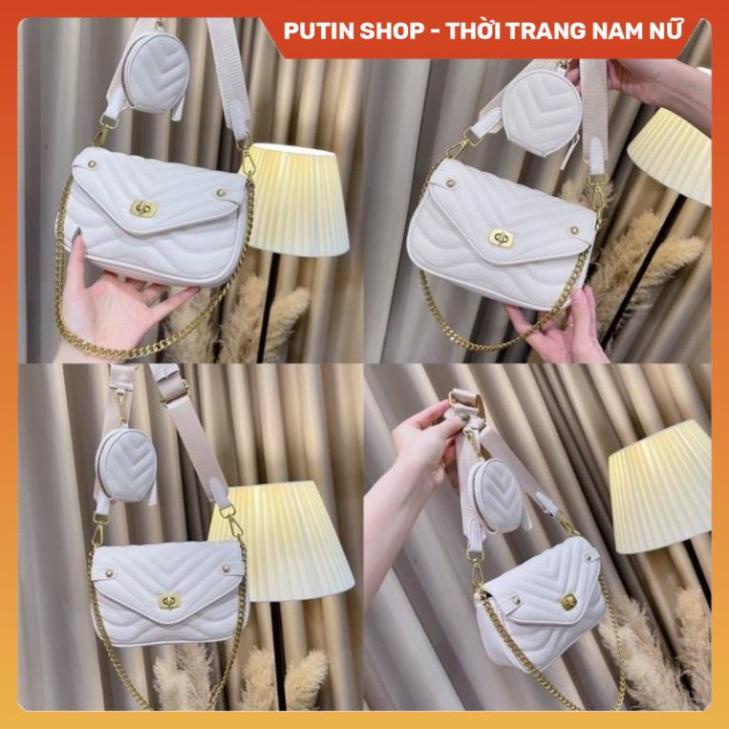 Túi trần trám da mềm bản 2 dây kèm ví tròn nhỏ siêu hót, Túi xách đeo chéo màu đen trắng nâu thời trang mới