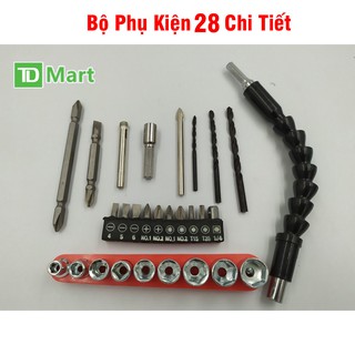 Bộ phụ kiện mũi khoan, đầu vít, đầu khẩu, ống nối 28 chi tiết cho máy khoan pin