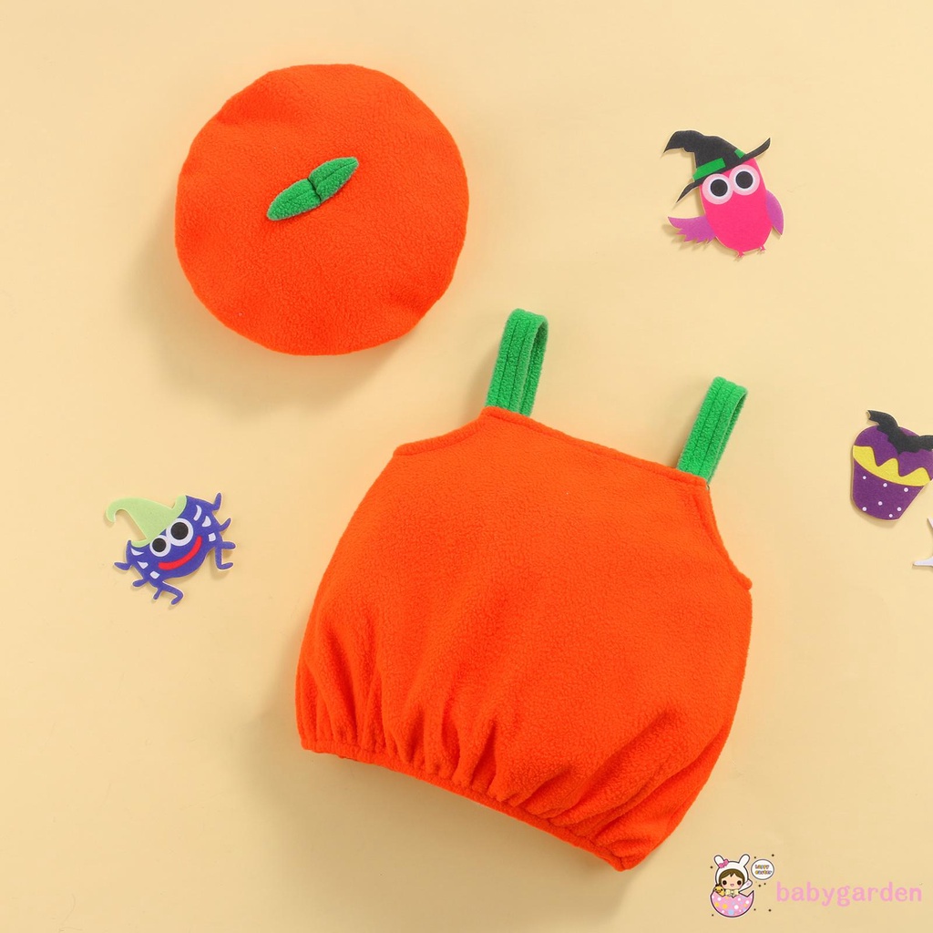 Set áo cổ yếm + quần dài + nón họa tiết bí ngô hoạt hình Halloween cho bé