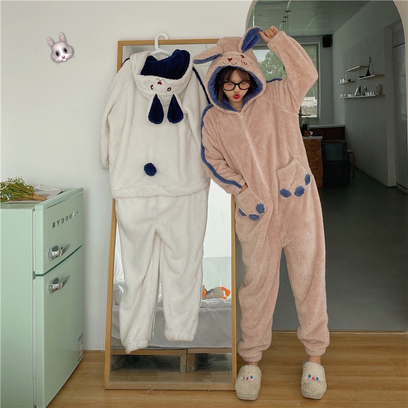 Bộ ngủ pijama liền thân nỉ bông xù mũ tai thỏ chuột đôi nam nữ, bông xù siêu dày ấm đáng yêu