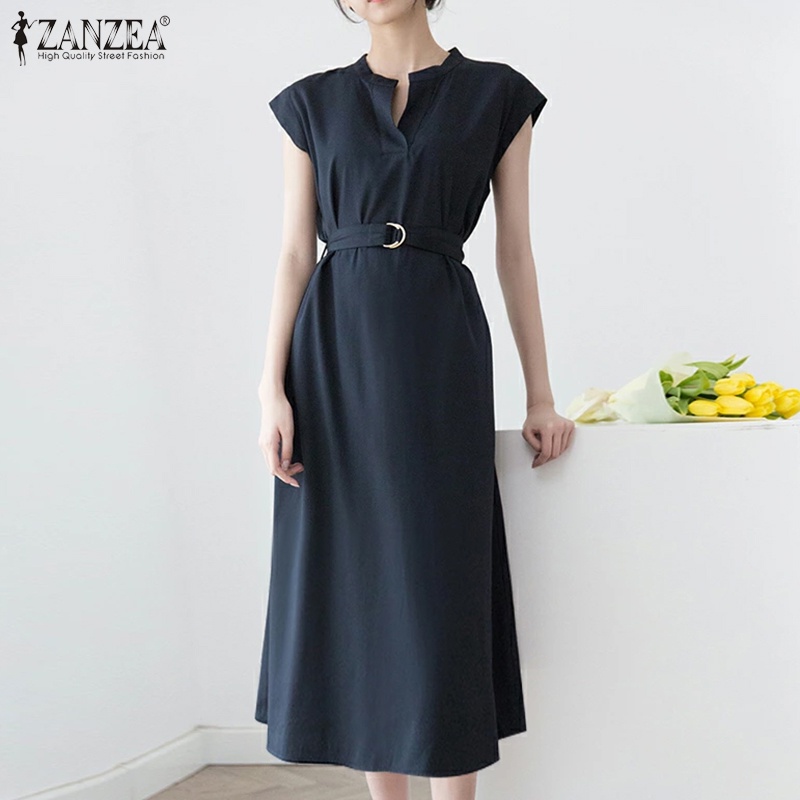 Đầm Dài Cổ V Tay Ngắn Kèm Thắt Lưng Thời Trang Cho Nữ ZANZEA