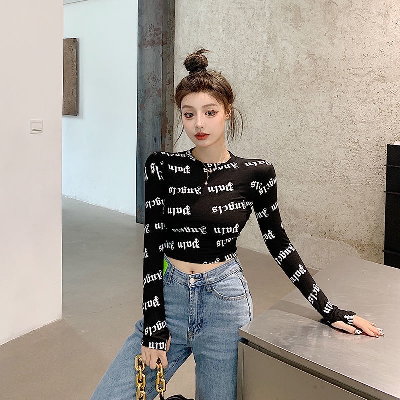 IELGY Áo Thun Lửng Tay Dài Dáng Ôm In Chữ Thời Trang Cho Nữ