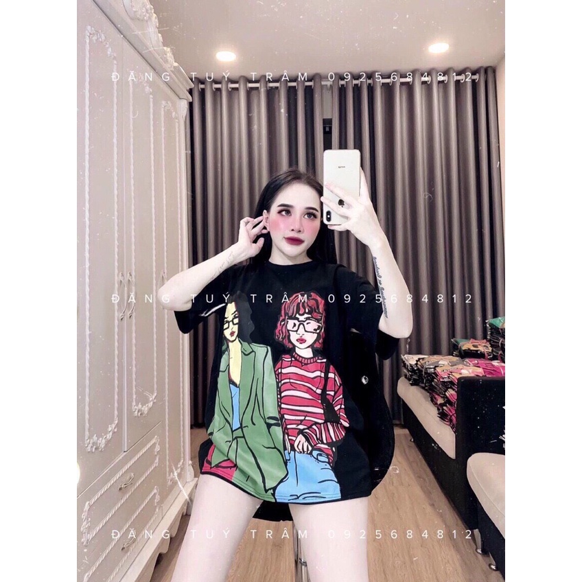 Áo thun tay lỡ nam nữ, áo phông unisex from rộng chất cotton mát mịn thấm hút mồ hôi in 5d hình 2 cô gái. | BigBuy360 - bigbuy360.vn