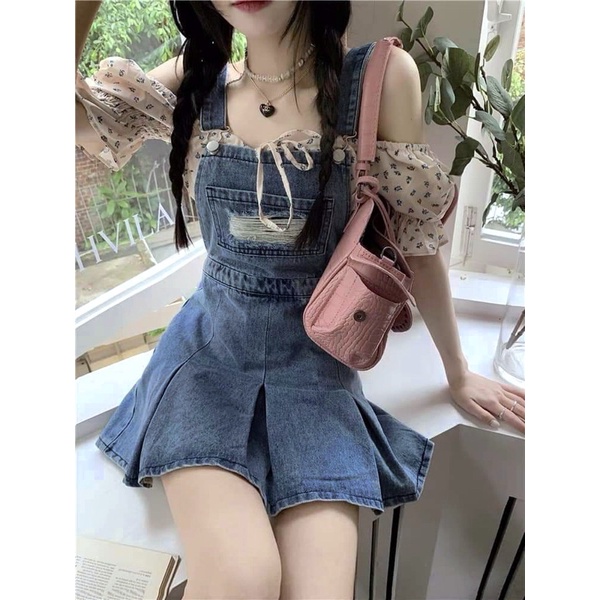 Đầm Yếm Jean Rách Xếp Li Siêu Xinh