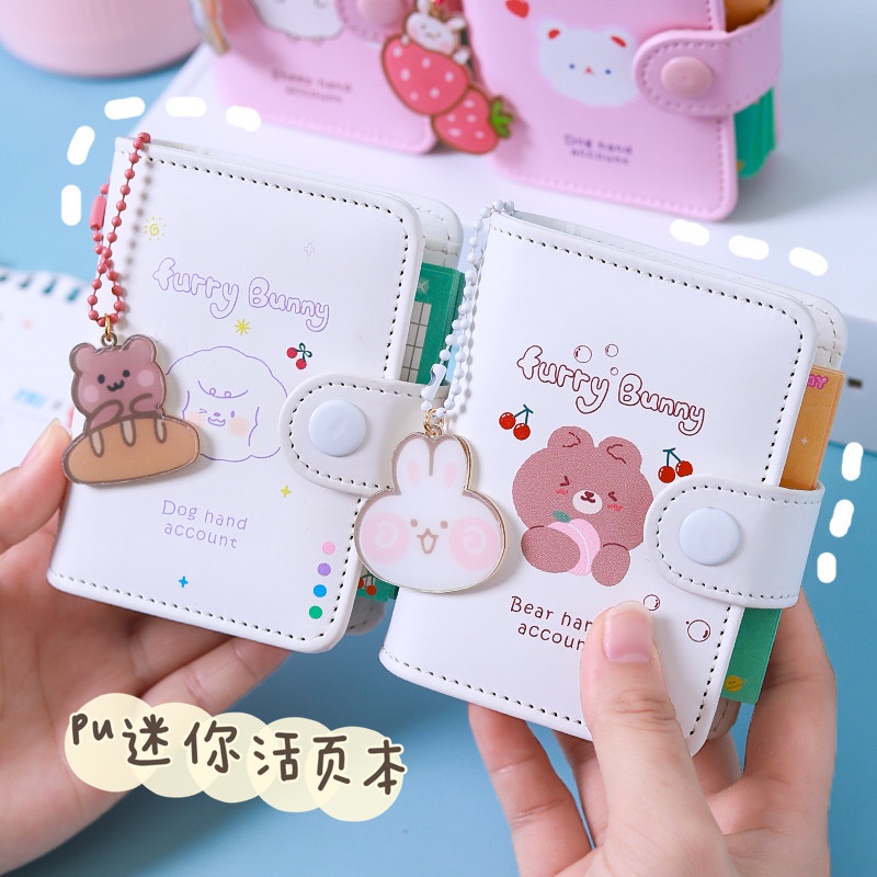 Sổ tay mini cute bìa da còng A7 full set gồm file giấy, bút, móc treo, sticker ,flashcard xinh10 màu đáng yêu