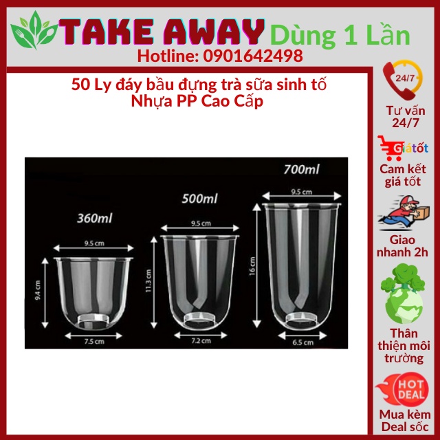 50 Ly đáy bầu đựng trà sữa sinh tố nhựa PP cao cấp 360ml 500ml 700ml - Take Away Dùng 1 Lần