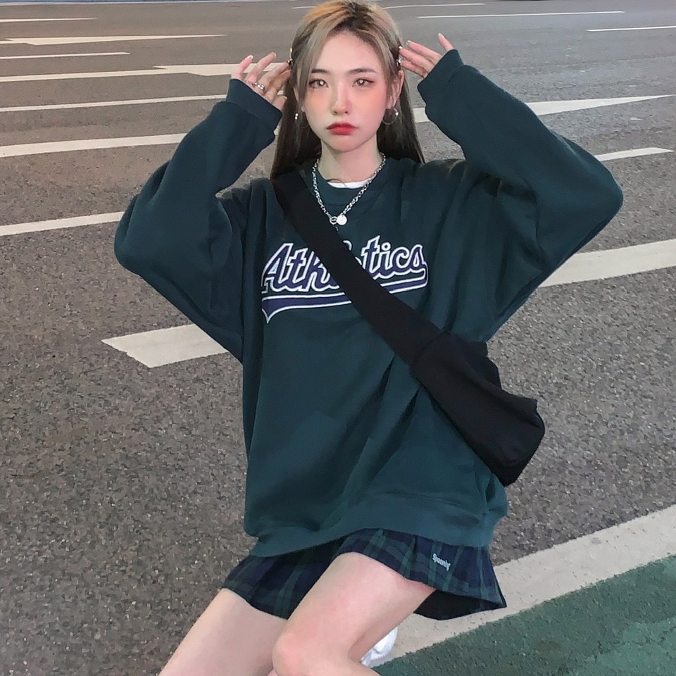 SUXI Áo nỉ nữ dài tay cổ tròn thời trang Hàn