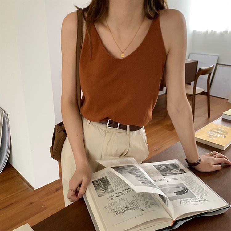 Áo dệt kim hai dây cổ chữ V thời trang Hàn Quốc