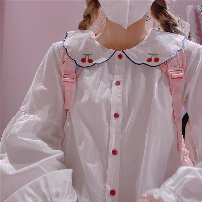 Áo Sơ Mi Tay Dài Dáng Rộng Thêu Hình Quả Cherry Thiết Kế Mới Thời Trang Dành Cho Nữ