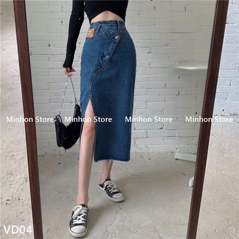 Đầm Bò, Chân Váy Jean Nữ Dài Xẻ Tà Cạp Cúc Lệch Phá Cách, Cá Tính (Minhon Store VD04)
