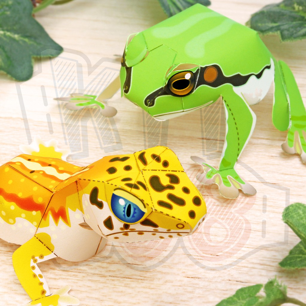 Mô hình giấy động vật Leopard Gecko &amp; Ếch con mini