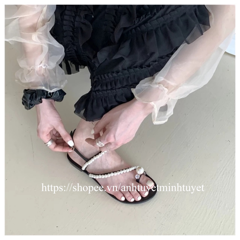 Giày Sandal Nữ Đế Bằng Cài Quai Hậu-Sandal Đi Học Kiểu Sỏ Ngón Đính Ngọc Mẫu Mới Bền Đẹp Đi Biển Đi Chơi  Mã SDNGOC