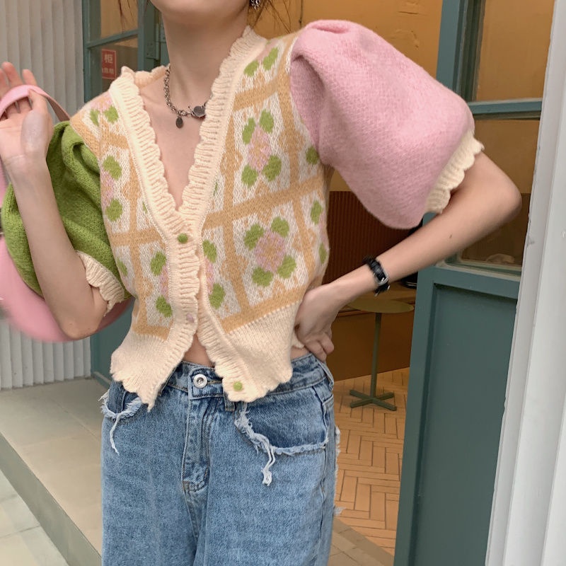 Áo Khoác Cardigan Dệt Kim Cổ Chữ v Màu Sắc Tương Phản Thời Trang Mùa Xuân 2022