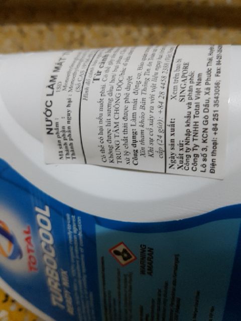 Nước dung dịch làm mát động cơ Total Turbo Cool Ready Mix 1L lít Singapore cho xe máy ga, ô tô, máy vi tính, mẫu mới