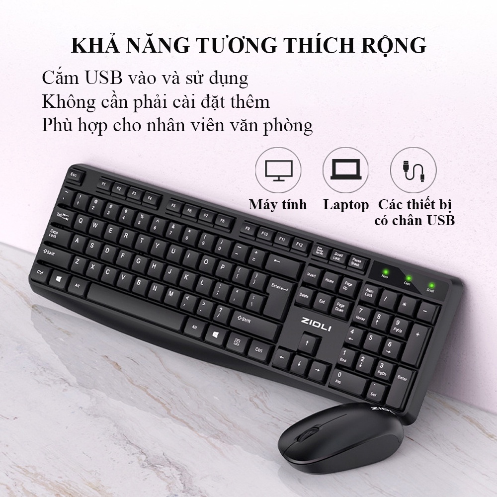 Bàn Phím Chuột Không Dây ZIDLI KM60 USB 2.4GHZ Gõ Êm Nhẹ Không Gây Tiếng Ồn