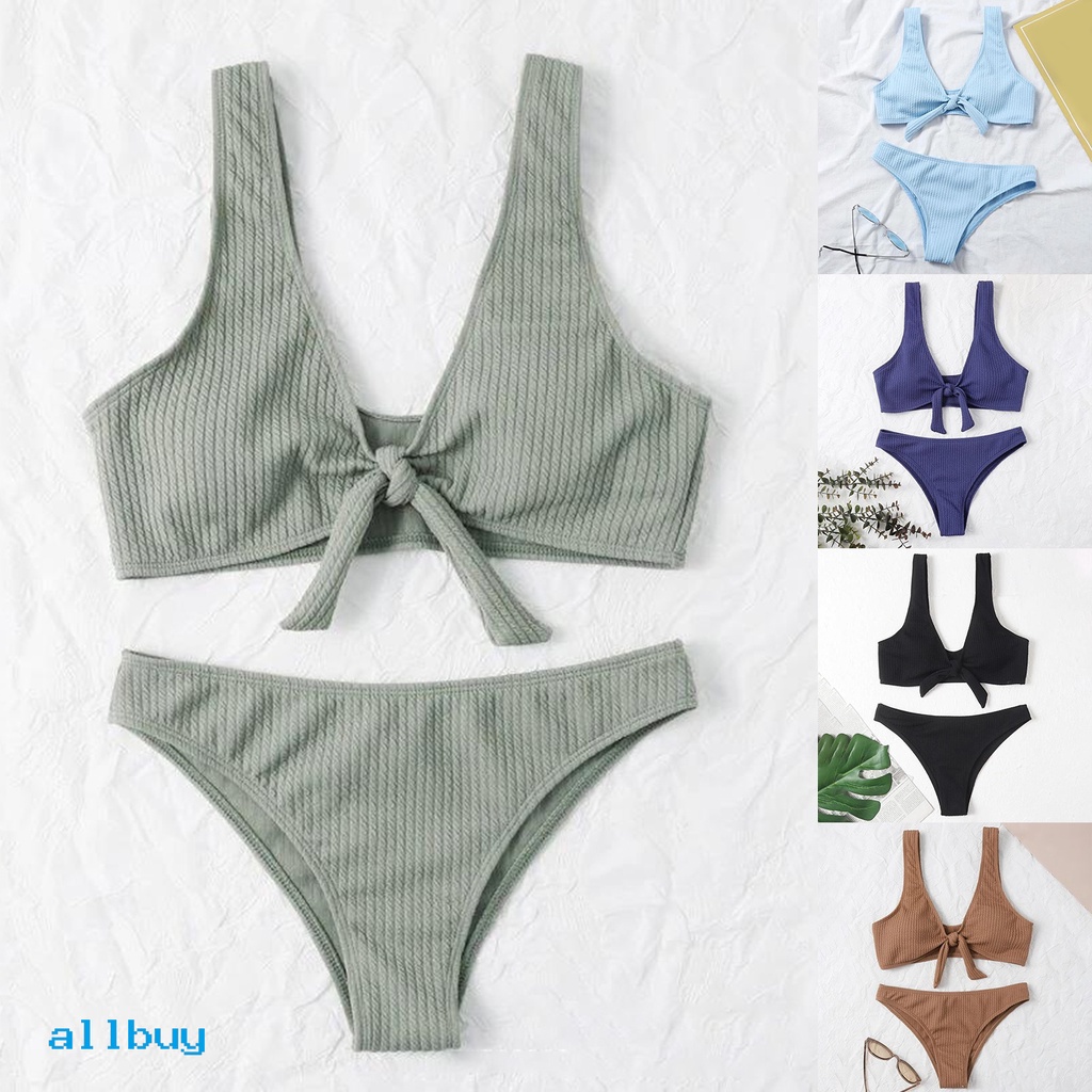 Bộ Đồ Bơi Bikini Hai Mảnh Trễ Vai Co Giãn Màu Trơn Đính Nơ Dành Cho Nữ