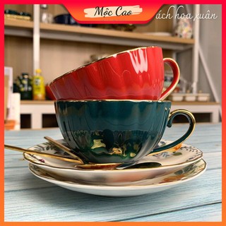 Tách uống trà, ly uống trà chiều sứ xương cổ điển tách trà kiểu Anh sang chảnh màu trắng, màu đen và xanh cổ vịt