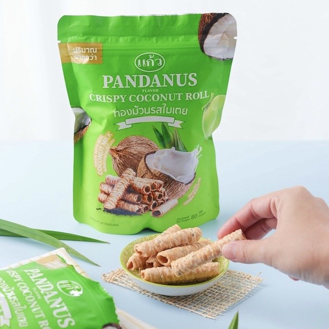 Bánh Cuộn Dừa KAEW Nhập Khẩu Thái Lan Vị Lá Dứa Túi Zip (80g/gói)