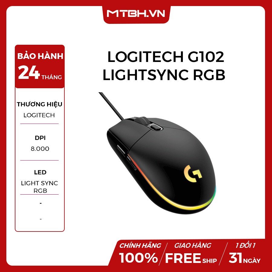 Bảo Hành 12 Tháng Chuột Máy Tính Gaming Logitech G102 RBG Độ Chính Xác Cao 8000DPI LED 7 Màu – 6 Nút – 8000 DP