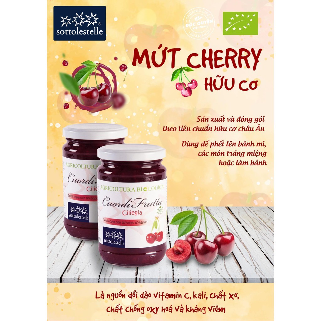 Mứt Cherry hữu cơ 320g Sottolestelle Organic Cherries Jam