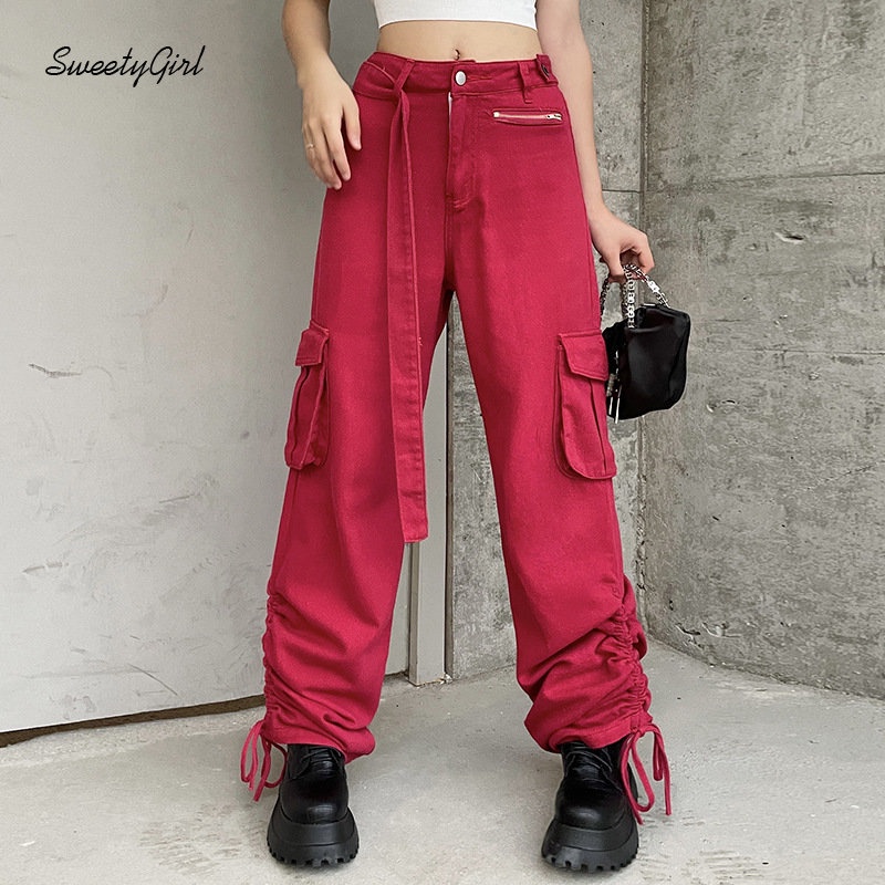 Quần Dài Thể Thao Dáng Suông Lưng Thấp Màu Đỏ Trơn Có Túi Và Khóa Kéo Thời Trang 2022 Cho Nữ