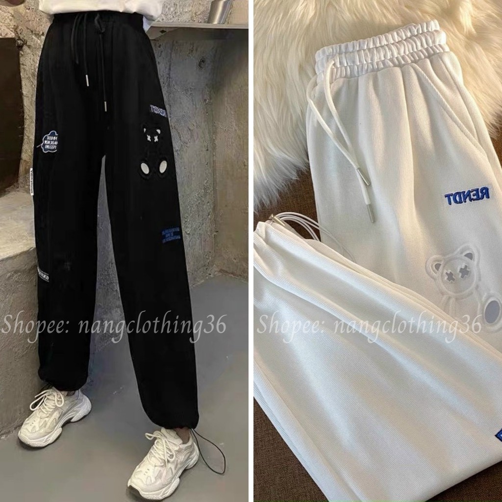 Quần Ống Rộng Nữ Vải Cao Cấp Dáng Jogger Hình Gấu Dập Nổi Có Chốt Điều Chỉnh Ống Bo Chất Dày 2 Size M Và L _ NN36QG