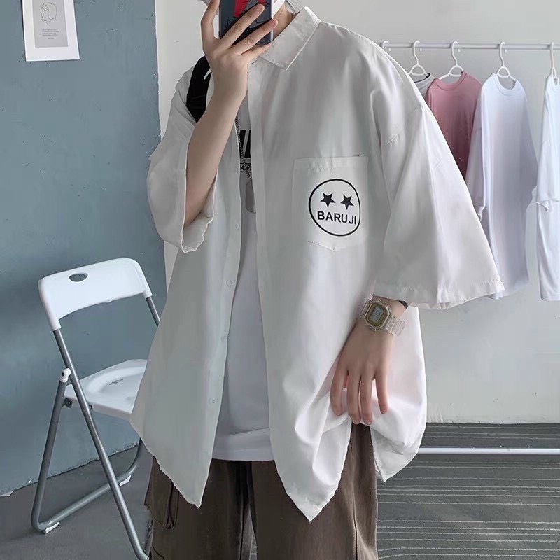 Áo Sơ Mi BARU JI Tay Ngắn Mặt Cười Unisex, Áo Sơ Mi Kaki Tay Lỡ Nam Nữ GOVA