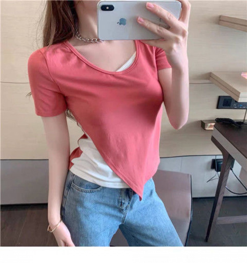 Áo Thun Ngắn Tay Giả Hai Lớp Xinh Xắn Dành Cho Nữ 2021