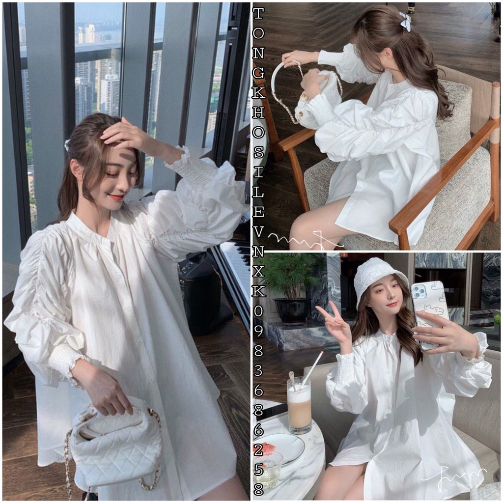 Áo Sơ Mi Nữ Trắng Cổ Tàu 🦋 Áo Sơmi Dài Tay Nhúm Ulzzang