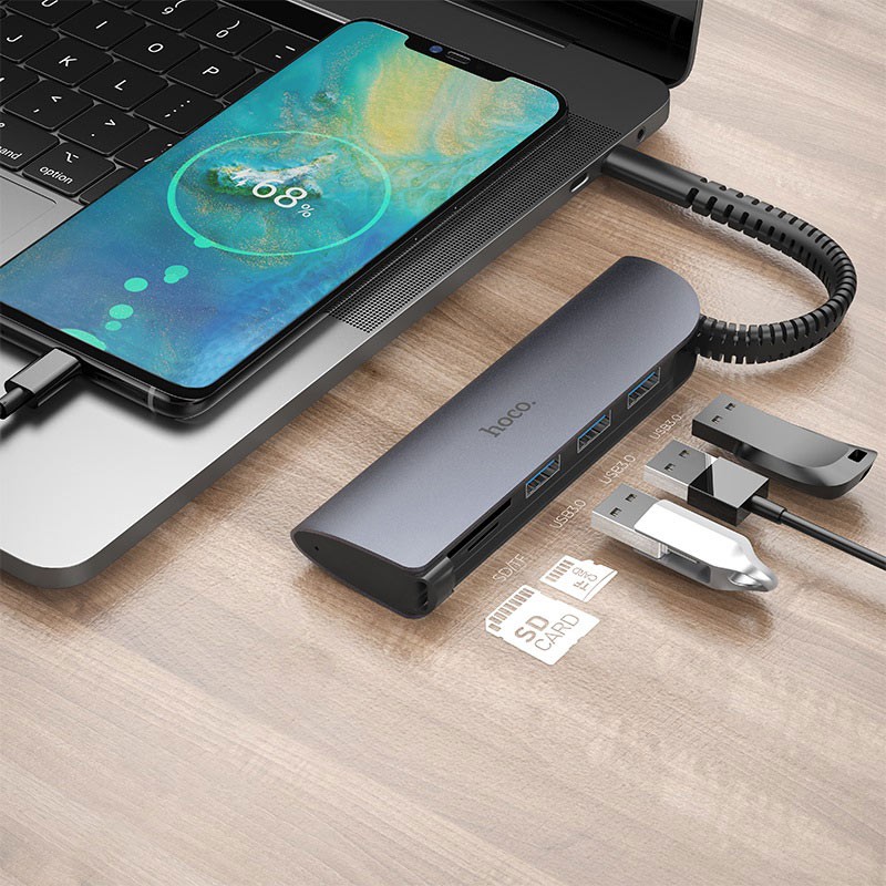 Bộ chuyển đổi đa năng từ Type-c sang USB 3.0* 3 + SD + TF Hoco HB17 -Bảo hành 12 tháng