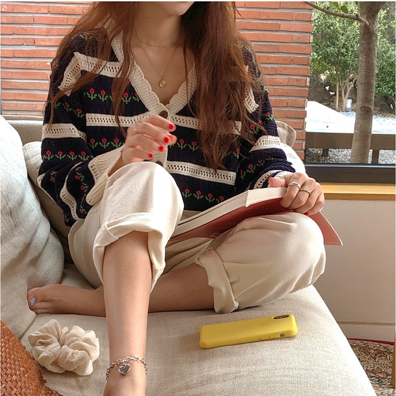 Áo Khoác cardigan Dệt Kim Họa Tiết Kẻ Sọc / Hoa Thời Trang Hàn Quốc Cho Nữ