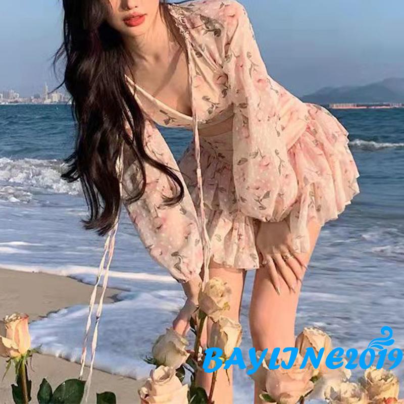 BAY-Women Summer Clothes, Long Sleeve Deep V Neck Floral Crop Tops /Mini Skirt