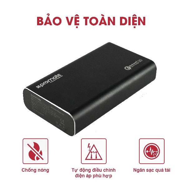 Pin Sạc Dự Phòng Promate Powerpeak-10 10000 mAh QC3.0 3 Cổng Type-C MicroUSB - Hàng Chính Hãng