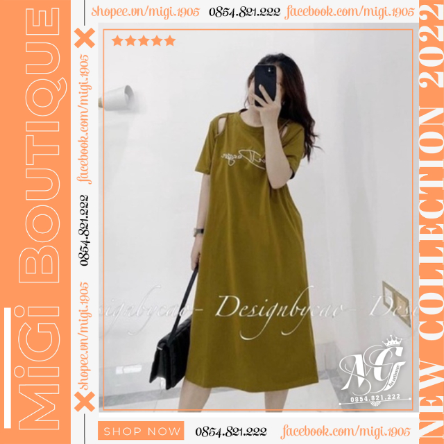 Váy suông nữ hở vai xanh rêu, Đầm suông khoét cut out vai nhẹ