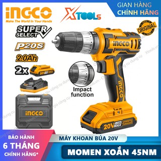 Bộ máy khoan búa dùng pin cầm tay INGCO CIDLI200215 20V kèm theo 2 pin Li-on, 1 củ sạc 2h, hộp đựng, bộ mũi khoan vít.