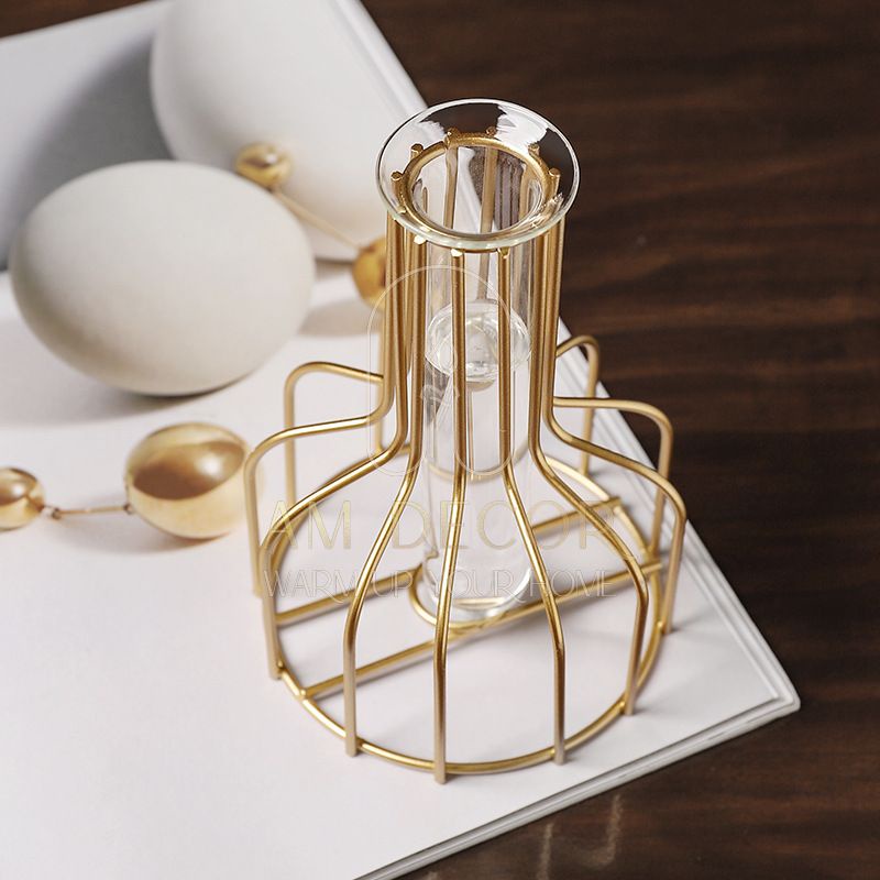 Bình hoa sắt vàng lọ thuỷ tinh nghệ thuật hoa giả decor trang trí phòng bếp sang trọng - AM Decor