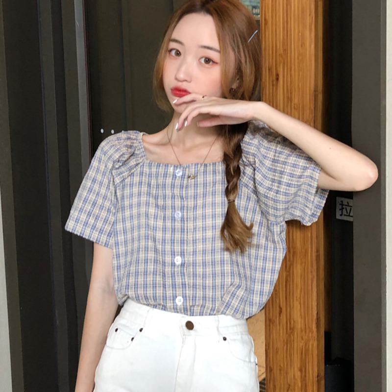 Áo Sơ Mi Nữ Tay Lửng Cổ Vuông Họa Tiết Caro Thời Trang