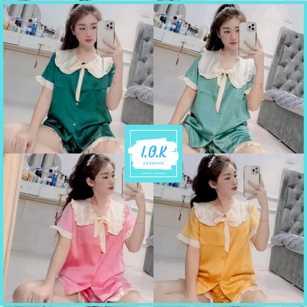 Bộ đồ ngủ Pyjama lụa ngắn tay phối ren nơ cute dễ thương thoáng mát