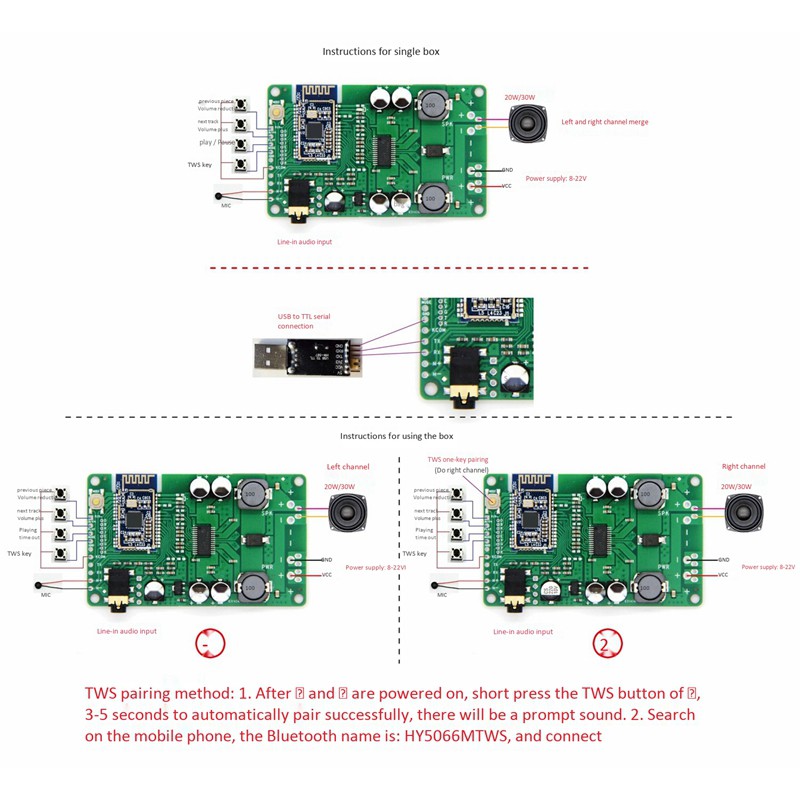 New Stock TWS TPA3118 Amplifier Audio Board AUX 30W 5.0 Bluetooth Receiver APTX