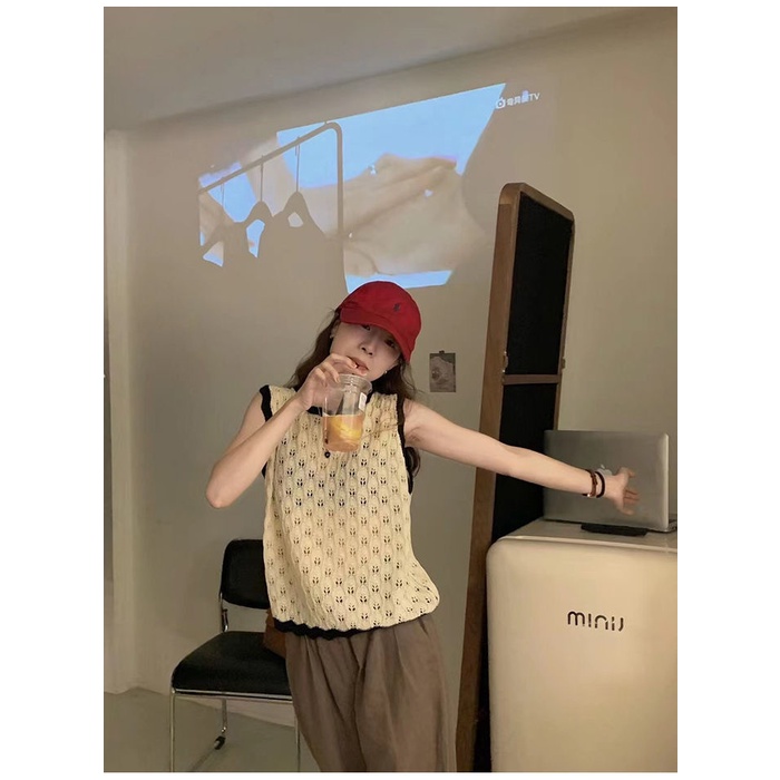 Áo Dệt Kim Sát Nách Dáng Rộng Phối Ren Màu Khối Thời Trang Mới Cho Nữ