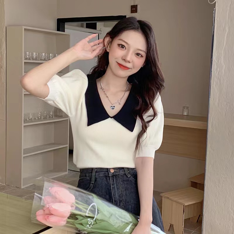 【Hana and Alice】Áo Thun POLO Dệt Kim Tay Ngắn / Phồng Xinh Xắn Thời Trang