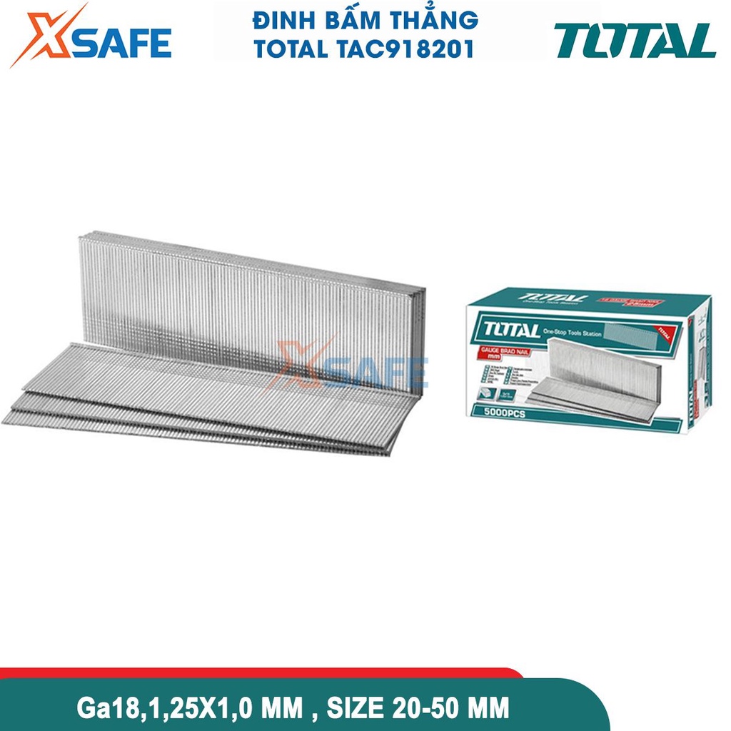 Đinh ghim bấm gỗ thẳng Total 15-50mm, 5000 ghim/hộp, Ga18,1,25X1,0mm - chính hãng