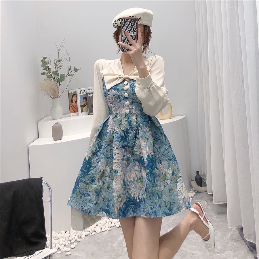 Đầm Chữ A Dài Tay Eo Cao In Họa Tiết Retro Châu Âu Thời Trang Cho Nữ