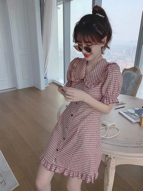 MS:059 Đầm caro cổ viền bèo