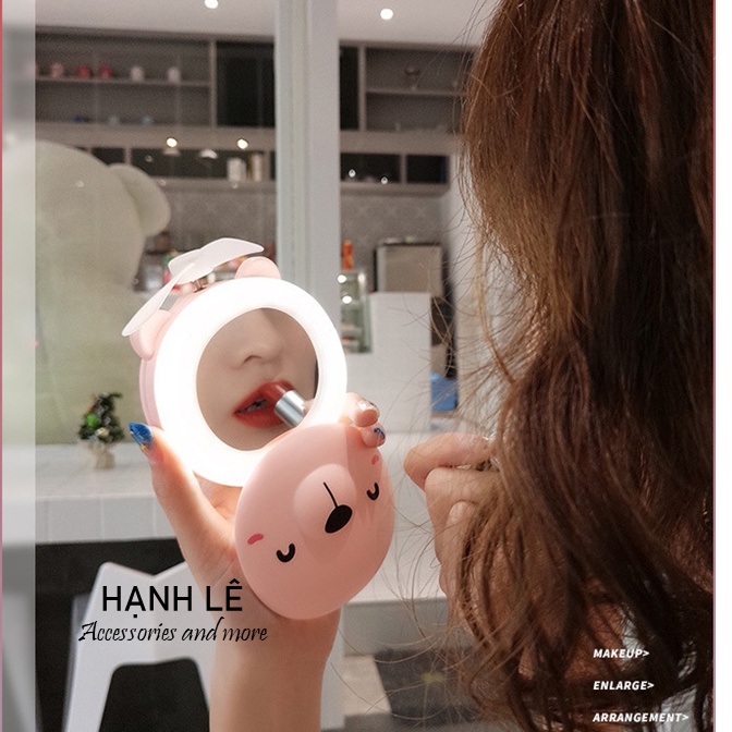 Gương mini cầm tay bỏ túi kèm đèn led và quạt cắm sạc USB tiện lợi 3 In 1 giúp bạn gái trang điểm tiện lợi hơn