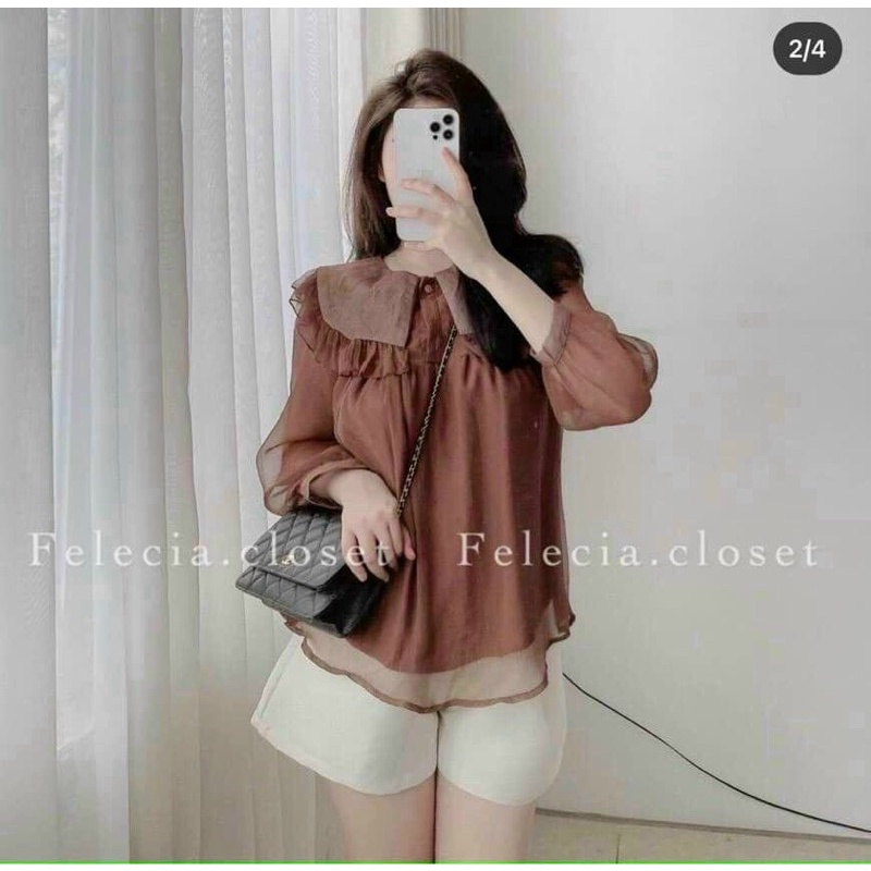 Sét áo tơ voan BBD nâu + quần short
