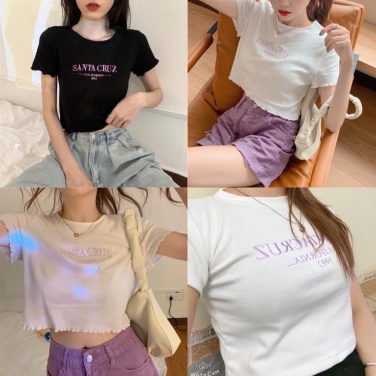 Áo Croptop Nữ Santa Cruz Viền Bèo 🦋FREESHIP🦋 Áo Ngắn Nữ Chữ Thêu 2 Màu