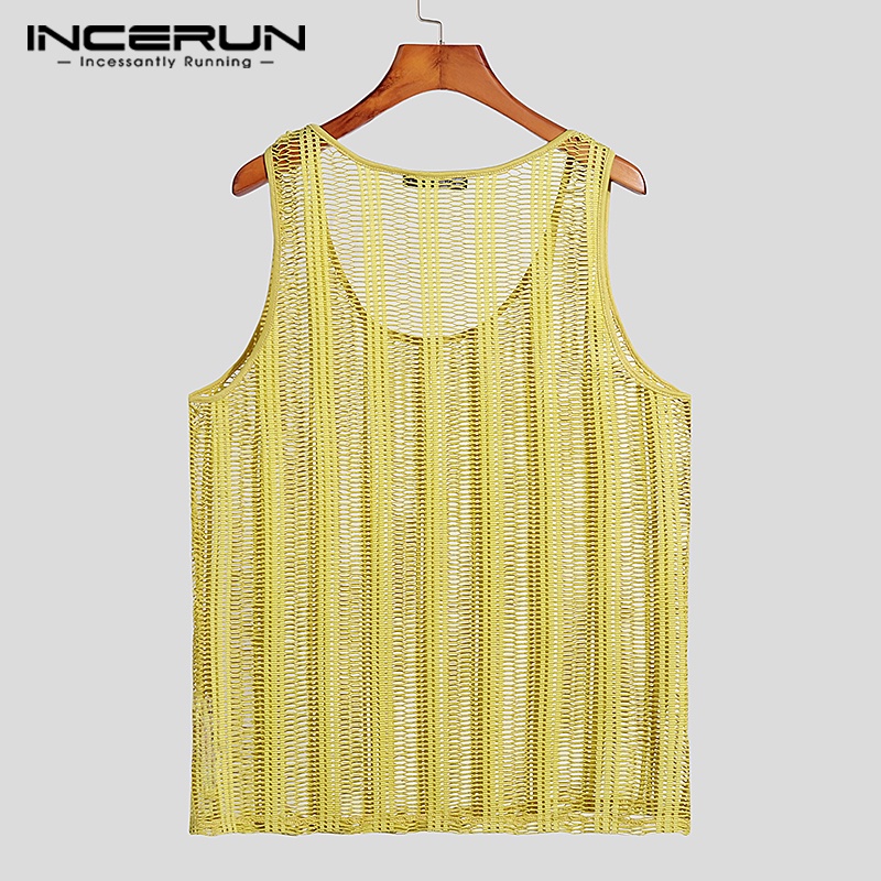 Áo lưới ba lỗ INCERUN xuyên thấu kẻ sọc nhiều màu sắc phong cách hippie cho nam